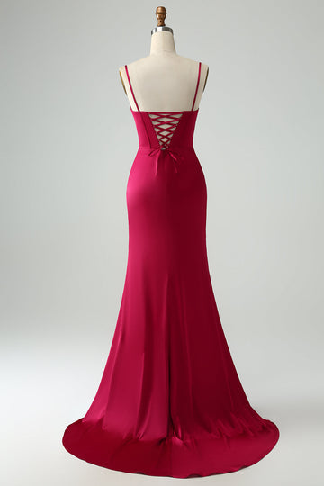 Borgogna Sirena Spaghetti Straps Lungo Corsetto Abito Da Cerimonia con Fessura